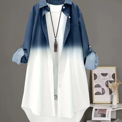 Plus Size Women'S Ombre Long Sleeve Blouse, Mid-Length All-Season Shirt, Comfortable Daily Wear, Fitted Style for Everyday Use