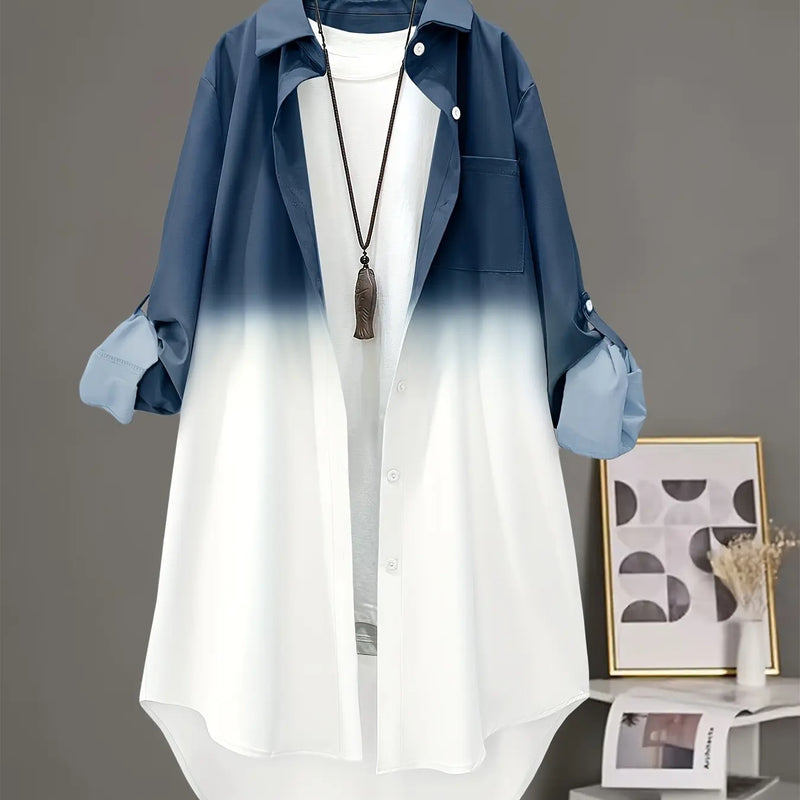 Plus Size Women'S Ombre Long Sleeve Blouse, Mid-Length All-Season Shirt, Comfortable Daily Wear, Fitted Style for Everyday Use