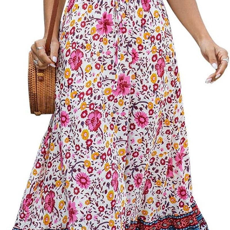 Women'S Dresses Summer Bohemian Casual Short Sleeve Floral Print Maxi Dress Red XL